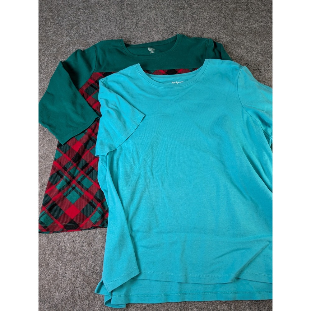 Kim Rogers Womens XXL 2pc T-Shirt Set Aqua Solid & Plaid 3/4 Sleeve Cotton Tops